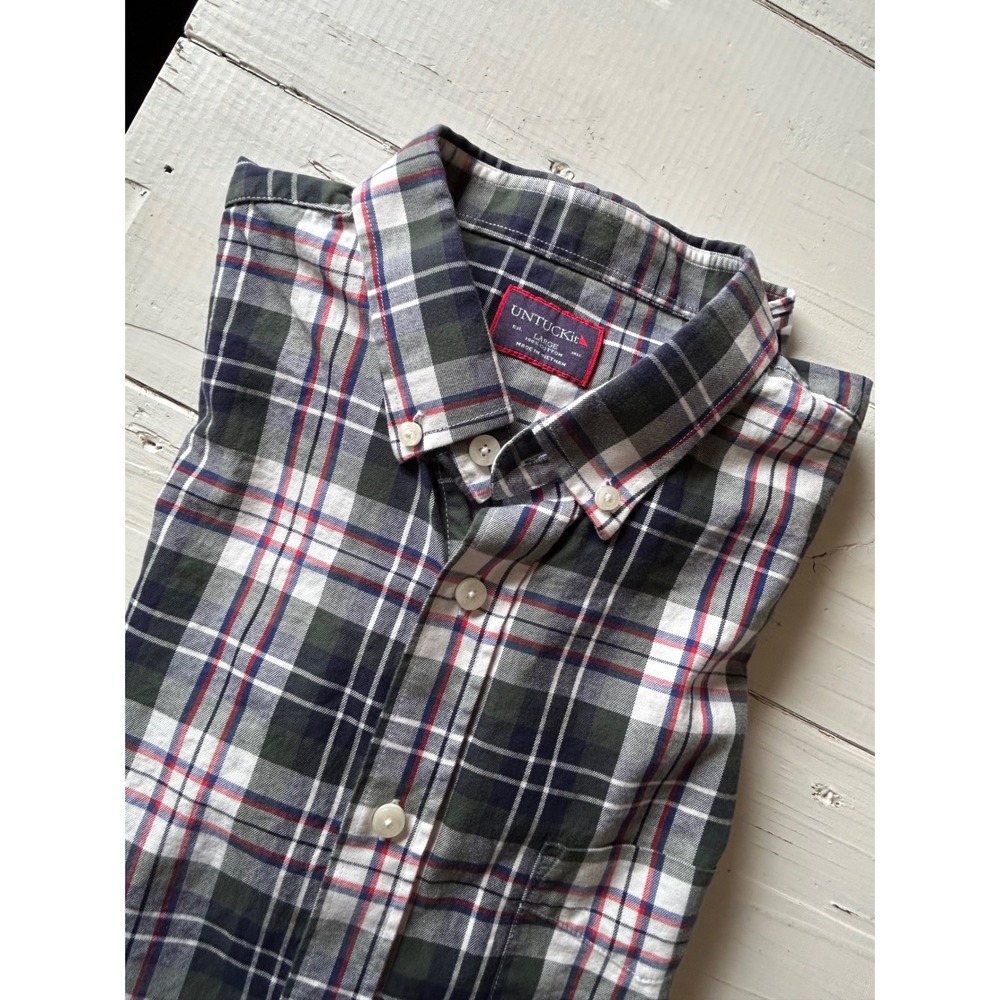 UNTUCKit Mens Large Plaid Button Down Shirt Green Navy White Cotton Long Sleeve